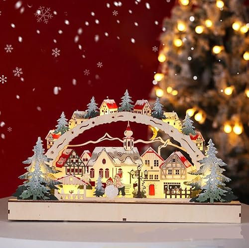Akxlax Weihnachtsdorf mit Beleuchtung und Timer, Lichterbogen Weihnachtsdeko Holz, Schwibbogen Weihnachten Weihnachtshaus Beleuchtet Weihnachtsstadt Weihnachtshäuser (A:Keine Timer Beleuchtung)