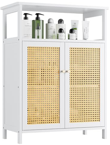 vovala Armoire en Bambou et Rotin, Rangement pour Salle de Bain, Placard de Cuisine en Bois Économiseur d'Espace, Table d'Appoint pour Couloir, Meuble de Salon avec 2 Portes et 1 Étagère (Blanc)