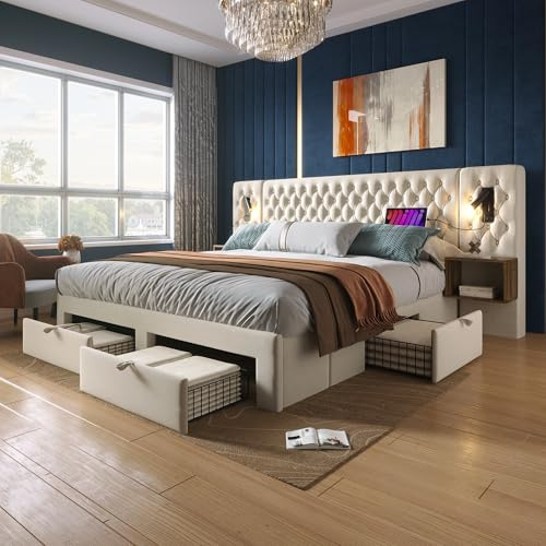 Oxtao Set Completo per Letto Matrimoniale - Letto Imbottito 180 x 200 cm, Comodini e Cassetti, Lampada da Lettura USB