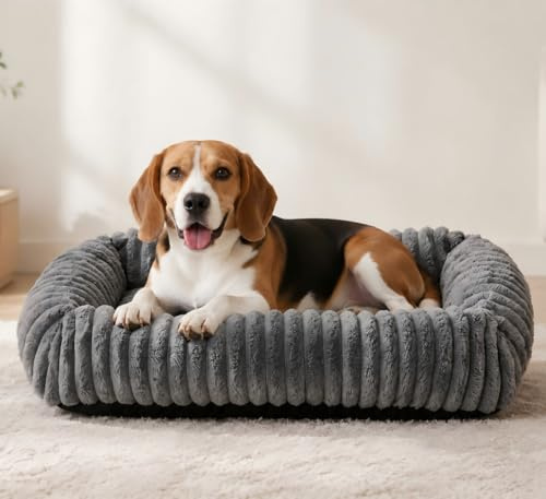 Oveppy Dog Bed for Medium Large Dogs, Super Soft Rectangle Washable Dog Beds, Warming Furry Pet Bed with Removable Zipper Cover, Grey, 63x53x21cm