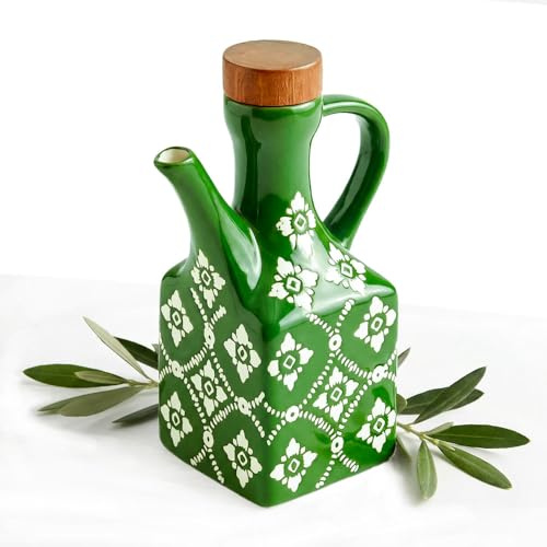 Ceramic Olive Oil Dispenser Bottle, 8.5 oz Decanter for Kitchen with Handle & Wooden Stopper, Green Decorative Oil and Vinegar Dispenser Set, Cooking Oil Container Cruet for Olive, Avocado, Vinegar