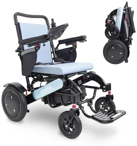 KMINA Sedia a Rotelle Elettrica Pieghevole, 2×350 W, Batteria 24 V 30 Ah, 8 km/h, 136 kg, Ruote 12, Freno Elettromagnetico, Joystick, Blu