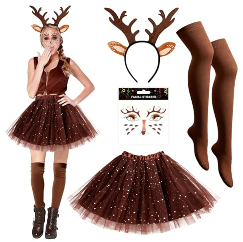 HUKUMA Disfraz de ciervo para mujer, diadema + cara de tatuaje + falda de tul marrón + medias hasta la rodilla, accesorios para carnaval, Navidad, cosplay, fiesta temática