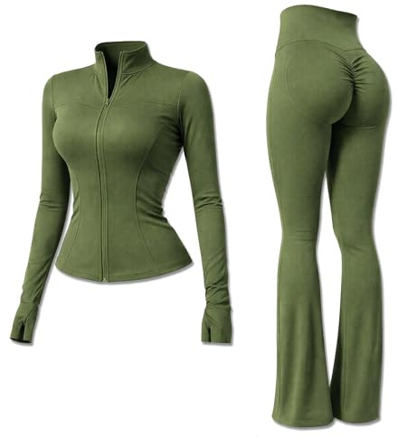 Yu & Me PARIS Women 2 Piece Slim Fit Gym Wear Tracksuit Set – Zip-Up Jacket & High Waist Flared Cut Scrunch Leggings Ruched Seam (Green, M/L, 12-16)