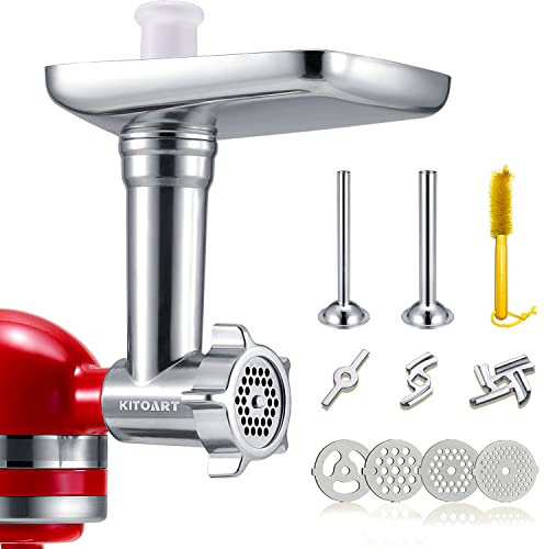 Metal Food Grinder Attachments for KitchenAid Stand Mixers, Meat Grinder, Sausage Stuffer Includes Two Sausage Stuffer Tubes, Durable Perfect Attachment for KitchenAid Mixers, Sliver
