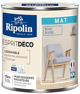 RIPOLIN - Peinture Intérieure Multi-Supports – Murs, Boiseries & Radiateurs – Ultra Couvrante – Lessivable – Application Facile – Ecolabel - Aspect Mat - 0,5L - Beige Glaise