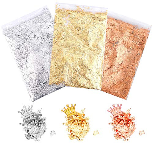 XCOZU - Paquete de 3 copos dorados de hoja dorada, hoja de cobre, hoja de plata, hojas metálicas, kit de hojas de oro de imitación para pintura de uñas de resina, manualidades, joyería, decoración (3