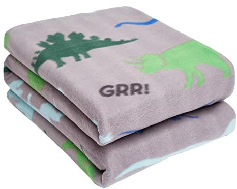 DREAMSCENE Fleecedecke Kinder Dinosaurier Weihnachten - Leichter, weicher und Warmer Überwurf - Vielseitige Tagesdecke - Tolles Geschenk für Mädchen, Jungen und Kinder - Maße 120 x 150 cm - Grau