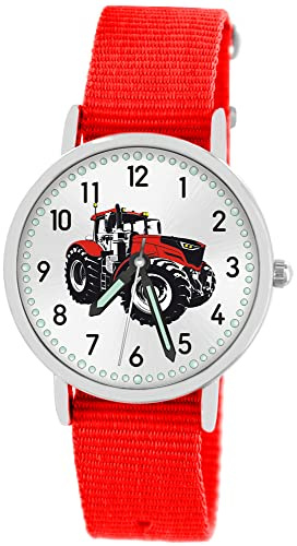 Pacific Time Montre-bracelet pour enfant garçon tracteur rouge tracteur montre enfant voiture voiture bracelet textile aiguilles lumineuses analogique quartz, 87674 - Rouge, bracelet