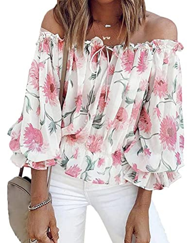 shownicer Chemisier Femme Epaule Dénudée Grande Taille Blouse Haut Sexy Top Epaule Nu Chemisier Col Bandeau Imprimée Fleurie Fluide Chic Tops