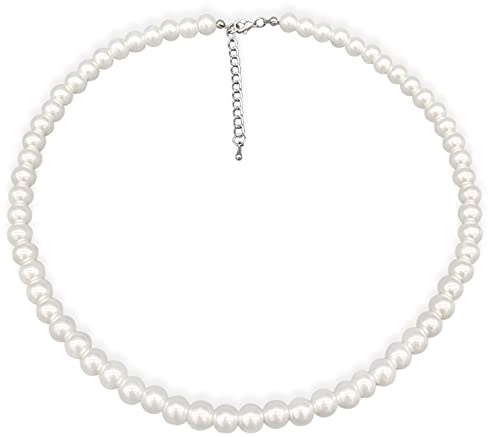LIHELEI Collar de Perlas de Imitación de Plata 6mm - Accesorios de Joyería de Boda Nupcial para Mujer y Hombre - 38CM