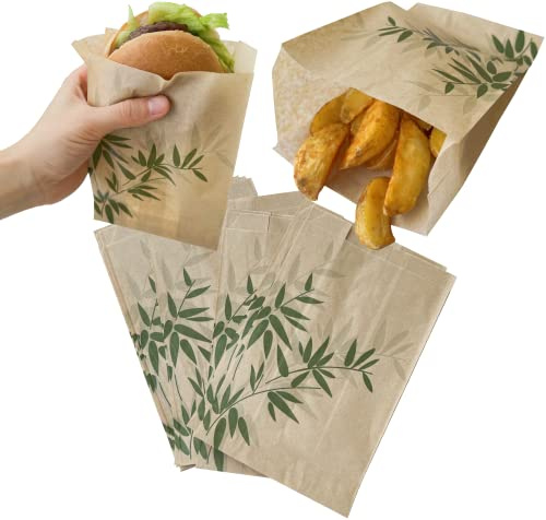 Tocnvoe - 100 Pezzi Carta Alimentare Anti Grasso, 18x12x7 cm, Modelli di Bambù, Durevole, Resistente All'umidità e al Grasso, Sacchetto di Carta per Panini, Hamburger, Snack