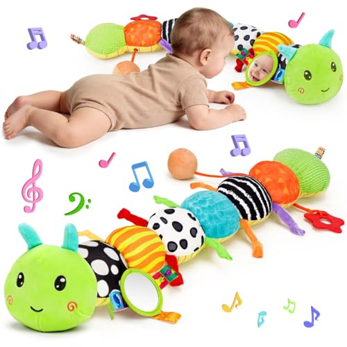 Topsochir Baby Sensory Toys 0-6 Months Music Animal Stuffed Plush Caterpillar Toy for Infant 0-3-6-12 Month Old Tummy Time with Mirror Crinkle Rattle Toys for Newborn Boys Girls Shower Birthday Gifts