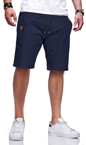 JustSun Kurze Hosen Herren Shorts Herren Sommer Shorts Männer Chino Baumwolle Hose Kurz Elastische Taille mit Tunnelzug Blau XXL