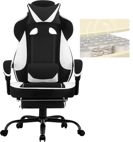 WOLTU Gaming Stuhl Stoff Atmungsaktiv Bürostuhl Gaming Chair Ergonomisch mit Lendenkissen, Gamer Stuhl 150 kg Belastbarkeit PC-Stuhl mit Große Rückenlehne & Sitzfläche, Schwarz+Weiß