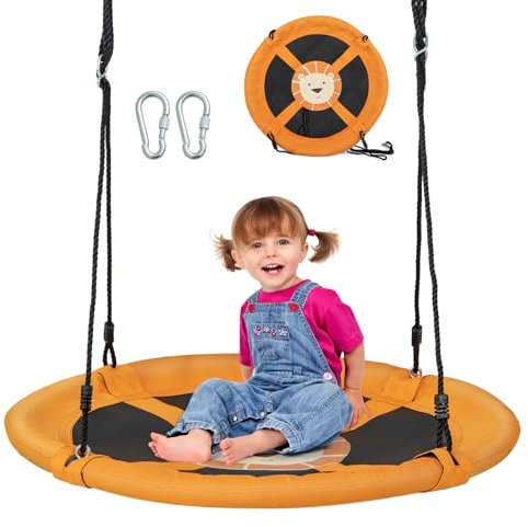 COSTWAY Altalena a Cerchio da 102 cm, Altalena a Nido con Corde Regolabili e Moschettoni, Tessuto Oxford Impermeabile, Altalena Rotonda da Esterno con Rotazione a 360° per Bambini(Giallo)