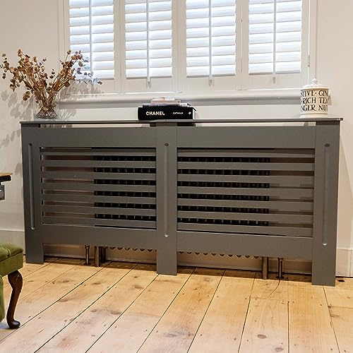 Jack Stonehouse Extra Large Radiator Cover Matt Grey Paint Over Radiator Shelf Clip On With Horizontal Slats Sturdy MDF Wooden Radiator Covers For Bedroom Or Living Room Furniture Slim Radiator Cover