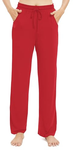 EXCHIC Damen Freizeit Elastische Gerades Bein Hose Lounge Mittel Taille Weite Yoga Hosen mit Taschen(M, Rot)