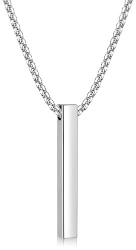 Fiusem Pendant Necklace for Men, Silver Tone Rectangular Pierced Necklace for Mens with 2.5 mm Box Chain, Stainless Steel Bar Chain, 24 Inches