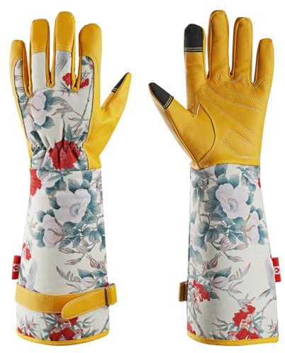 Mustbau Guantes largos de jardinería para mujer, guantes de piel sintética Gauntlet impermeables para rosas, guantes de trabajo de jardinería para trabajos domésticos (amarillo, L) (M)