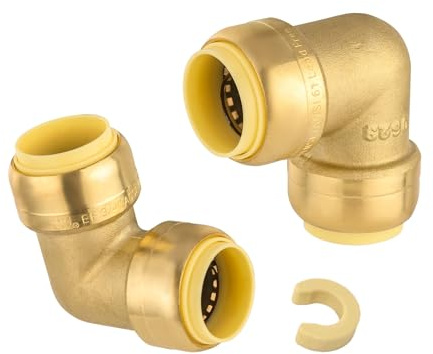 (Pack of 2) Seelink 3/4 Inch Push Fit 90-Degree Elbow Brass fitting, Push to Connect Pex, Copper, CPVC Pipe/Tubing, With Disconnect Clip