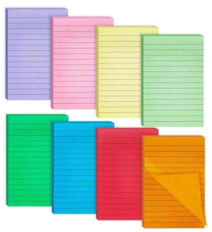 Agoer Fodrade klisterlappar 8-pack, 100 mm x 150 mm (4 x 6 tum), 8 ljusa färger självhäftande anteckning, totalt 400 blad, tjockt 80 gsm papper, linjerade superklibbiga lappar för kontor, skola, hem