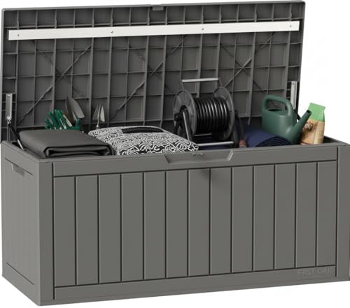 EAST OAK Outdoor Storage Box, 90 Gallon Deck Box, Water-Resistant Resin Storage Bin for Patio Cushions, Gardening Tools, UV Resistant, Lockable, Grey