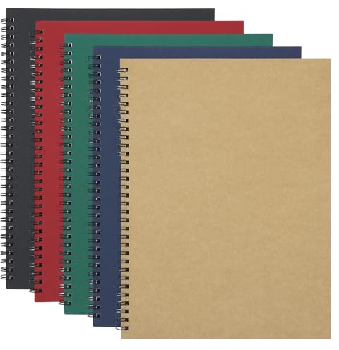 Yafe 5 Packs Spiral Notebook A4, 120 Pages 60 Sheets Kraft Cover | Double Wirebound, Thick Beige Paper, Smooth Page Turning, Ink-Resistant, for School, Office, Meetings, Travel