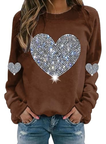 Alla hjärtans dag tröjor för kvinnor UK nyhet kärlekstryck överdimensionerad lös passform pullover trendiga alla hjärtans dag tröjor glittrande hjärtmönster casual säckiga tröjor för flickor, Kaffe