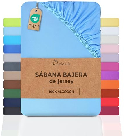 NatureMark Lenzuolo con angoli elasticizzati in jersey, in 100% cotone, in molti colori e misure, conforme all’Oeko-Tex Standard 100, 200 x 220 cm + 40 Steg Azzurro