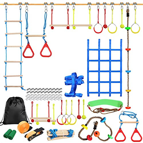 Lixada Slagline Set Kinderklettern Obstacle Kit Gymnastick Set für Jungen und Mädchen Anfänger, mit Leiter Swing bar und Turnringe, 50ft/60ft