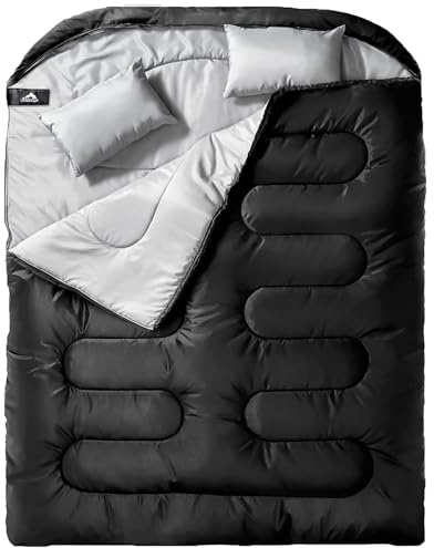 MEREZA Double Sleeping Bag for Adults Mens with Pillow, XL Queen Size Two Person Sleeping Bag for All Season Camping Hiking Backpacking for Cold Weather & Warm Black
