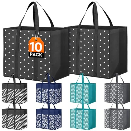 Fab totes 10 Pack Reusable Grocery Bags for Groceries 35L Large Capacity Heavy Duty Waterproof Tote Bags for Shopping and Picnic with Sturdy Handles
