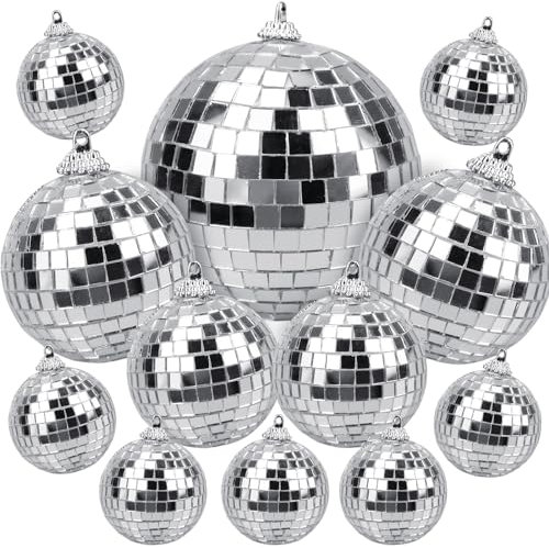 MytaYt 12 Pezzi Sfera a Specchio da Discoteca Argento da Appendere per Feste, Capodanno, Compleanno, Festa a Tema (10/7/5/3/2cm)