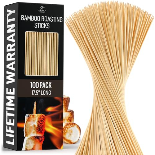 Zulay Kitchen 100 Pack Bamboo Wooden Skewers - 17.5 Marshmallow Roasting Sticks & Barbeque Skewers For Campfire - Authentic Bamboo Sticks & Smores Sticks For Grilling Hotdogs, Kabobs, BBQ, & More