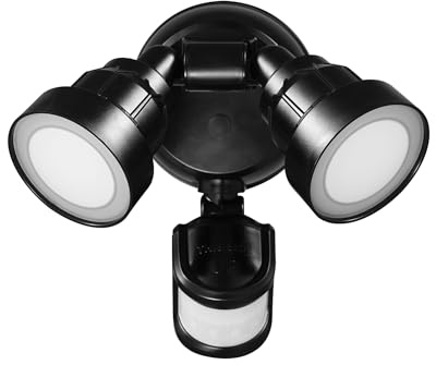 GLOBE Electric 180-Degree 15W Twin Head Black 1400 Lumens Hardwired Motion Activated Outdoor Integrated LED Flood Light Security Light, Outdoor, Outside House Lights