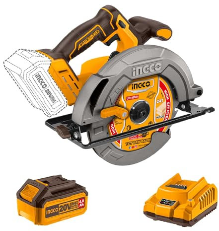 INGCO Scie Circulaire Sans Fil Scies électriques 20V, Moteur Sans Balais, Diamètre 185 mm, 4800 tr/min, Profondeur de Coupe Maximale 65 mm avec 1 Batterie 4,0 Ah, 1 Chargeur CSLI18511
