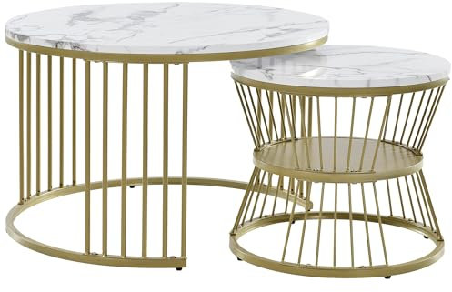 BTM Coffee Tables, Round Coffee Table, Removable Set of 2 End Table Nest of Tables, Nesting Tables with Gold Metal Frame Legs and Marble Pattern Top for Living Room, Bedroom, Office, Balcony