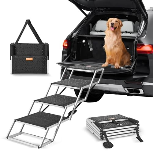 VEVOR Scala per Cani Larghi per Auto 4 Gradini, Rampa Pieghevole con Superficie Antiscivolo, Animali Domestici Gradini Portatili in Alluminio Leggero per SUV e Camion, Supporta Fino a 113 KG