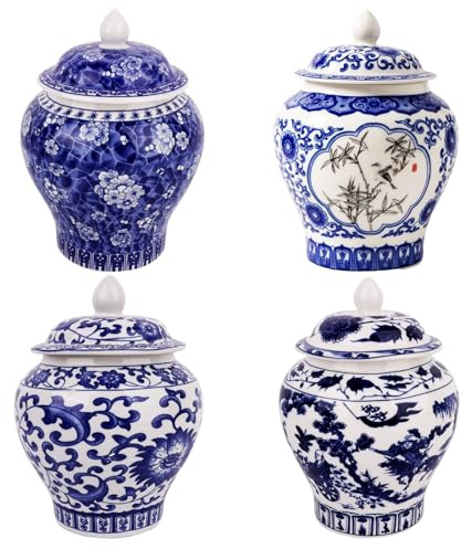 Set of 4 Small Blue and White Porcelain Vases, Chinoiserie Vase Decor Porcelain Ginger Jars for Home Decor, Bedroom, Living Room, Console Tabletop Decor, Table Accent Shelf(Classical)