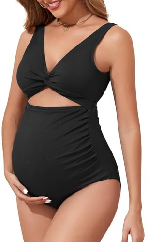Century Star Maternity One Piece Swimsuits for Women - Ribbed Cutout High Waist Maternity Bathing Suits Tie Knot Pregnancy Swimwear 2026 Black 2XL