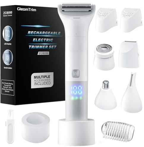 Lady Shavers for Women, Bikini Trimmer Women 5-in-1, Electric Razor with LED Power Display, Dry and Wet IPX7 Waterproof, for Bikini, Underarms, Legs, Nose, Eyebrow, USB Charging Station, Pain-Free