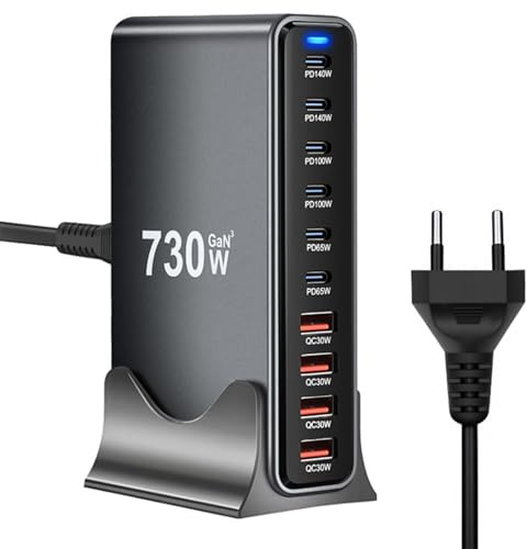 730W USB C Multi-laddningsstation, 10-portars GaN3 snabbladdare med 6USB-C + 4USB-A, multi-enhetsladdare för laptop, MacBook, iPad, Phone 16/15/14/Samsung S25/S24 ultra