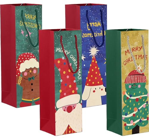 MOMAHUA 12 Pack Christmas Wine Bottle Gift Bags with Sturdy Rope Handles, Green Red Festive Xmas Designs Kraft Paper Bottle Bag, New Year Xmas Wine Tote for Whiskey Champagne Gifts Wrapping Wedding