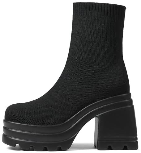 CELNEPHO Ankle Boots for Women Comfortable Square Toe Slip On Stretch Soft Chunky Block High Heel Knit Platform Boots Punk Dress Sock Boots