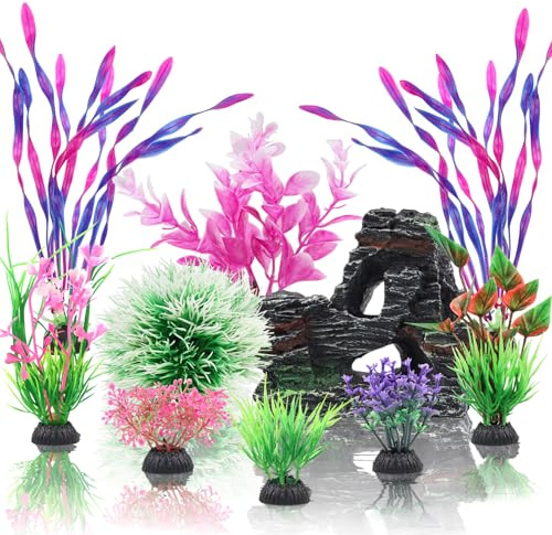 QUOZUO Fish Tank Accessories, Aquarium Fish Tank Plastic Plants and Cave Rock Decorations Set 10 Pieces, Small and Large Artificial Aquarium Plants with Cave Rock