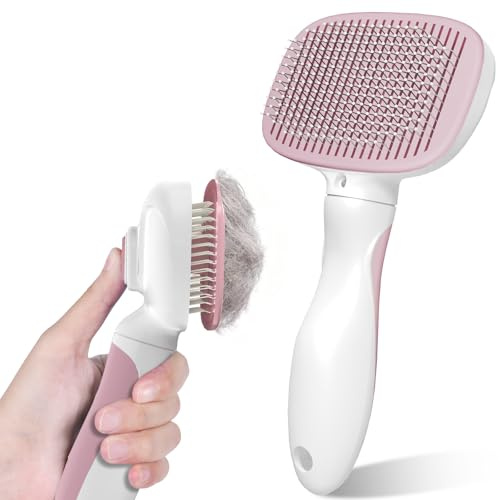 Zivacate Brosse Chat Brosse Chien, Idéale pour Poils Longs et Courts, Épilation en Un Clic, Autonettoyante, Élimine les Poils Morts, Manche Antidérapant, Accessoires Animaux - Rose-Blanc