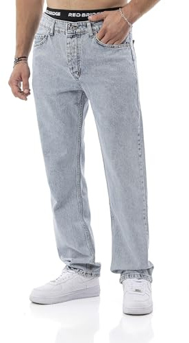 by Diga – Pantalones vaqueros – Pantalones vaqueros de corte recto en estilo de 5 bolsillos – Vaqueros clásicos de corte recto de algodón para ocio y uso diario, azul claro, 30W / 32L