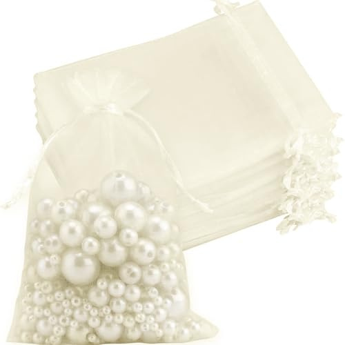 VYNZOR 50 Piezas Bolsita de Organza 7x9 cm Beige, Bolsitas Regalo con Cordón para Joyas y Dulces, Bolsas Transparentes y Reutilizables, Perfectas para Boda, Cumpleaños y Fiestas