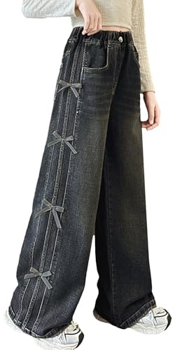 SEAUR Baggy jeans för flickor EU 110–164 jeansbyxor, breda ben med tryck Y2K denimbyxor, elastisk linning